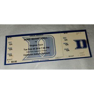 2014 DUKE vs Virginia Tech Basketball Tlcket Stub 2/25/2014 CAMERON